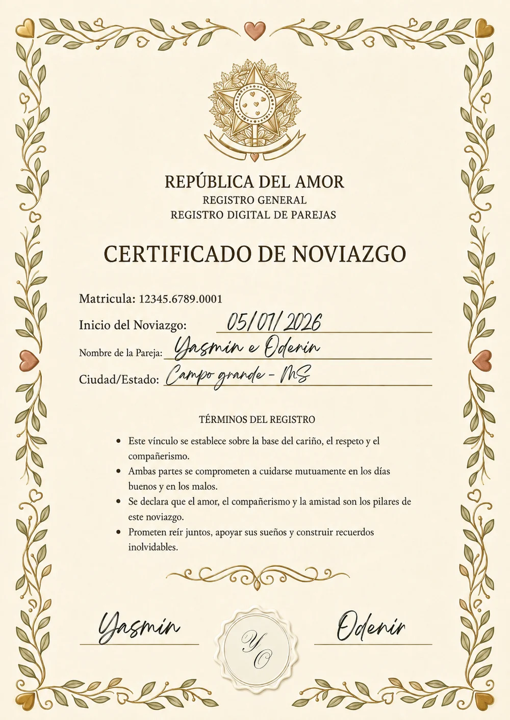 Ejemplo de certificado de noviazgo personalizado